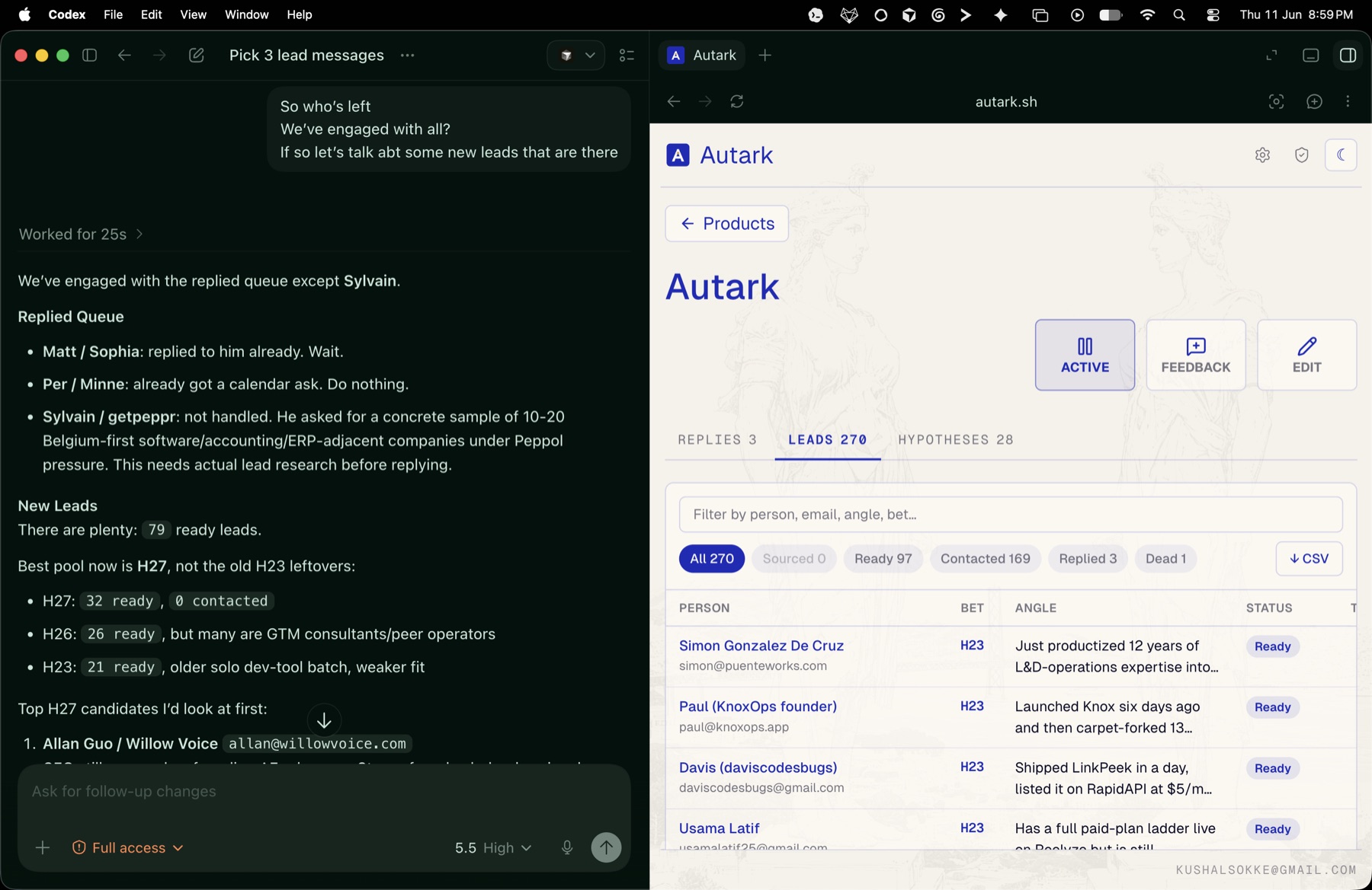 Codex triaging the replied queue on the left, the autark dashboard with the lead sheet open on the right.